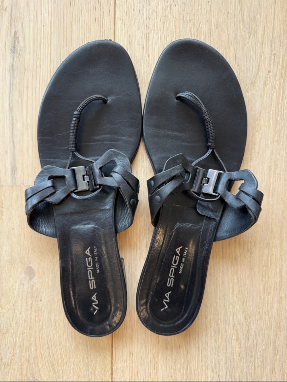 VIA SPIGA!  Black Leather Braided Toe-Loop Sandals with Buckle Accent